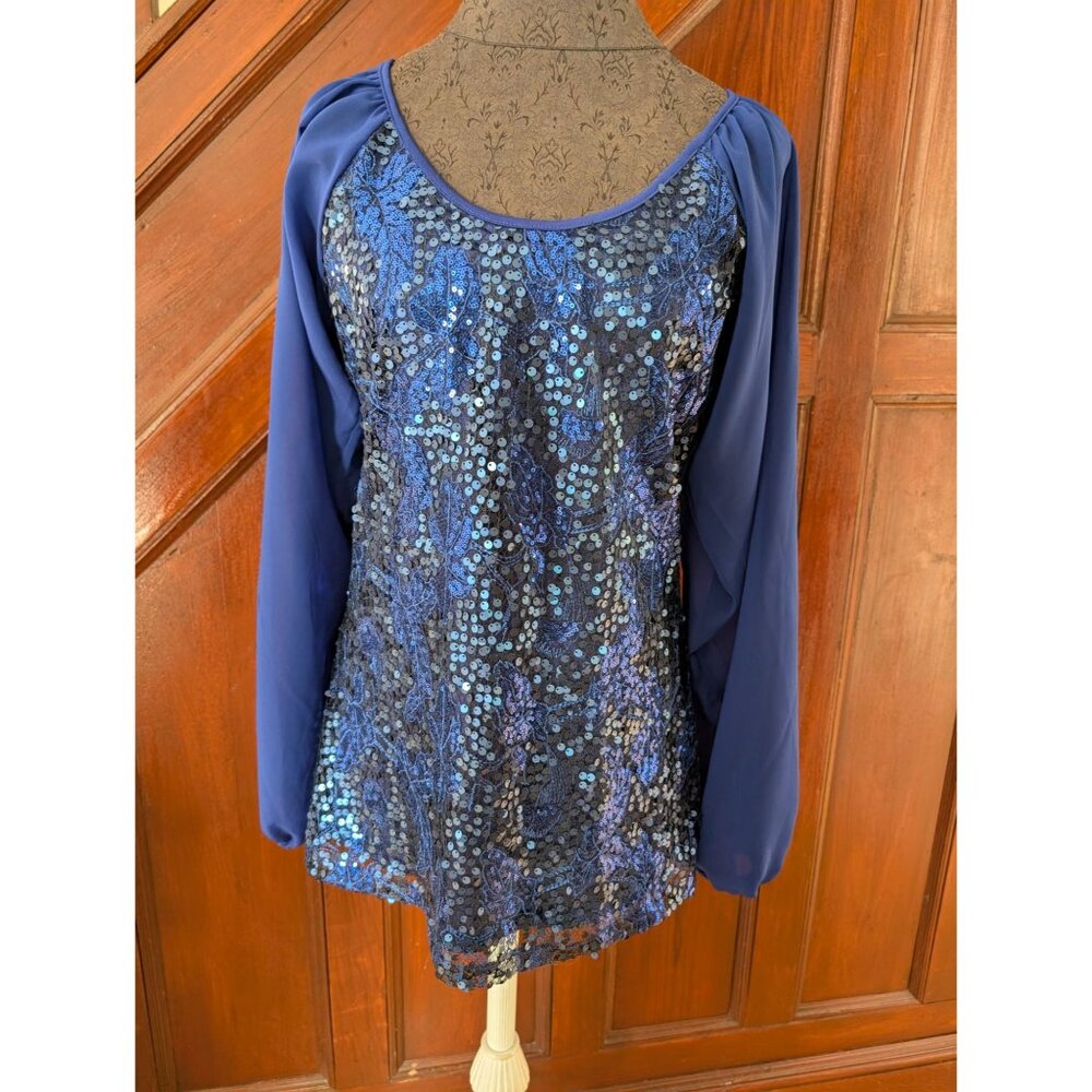 American Glamour Badgley Mischka Womens Sequin Top W/ Sheer Sleeves Blue S